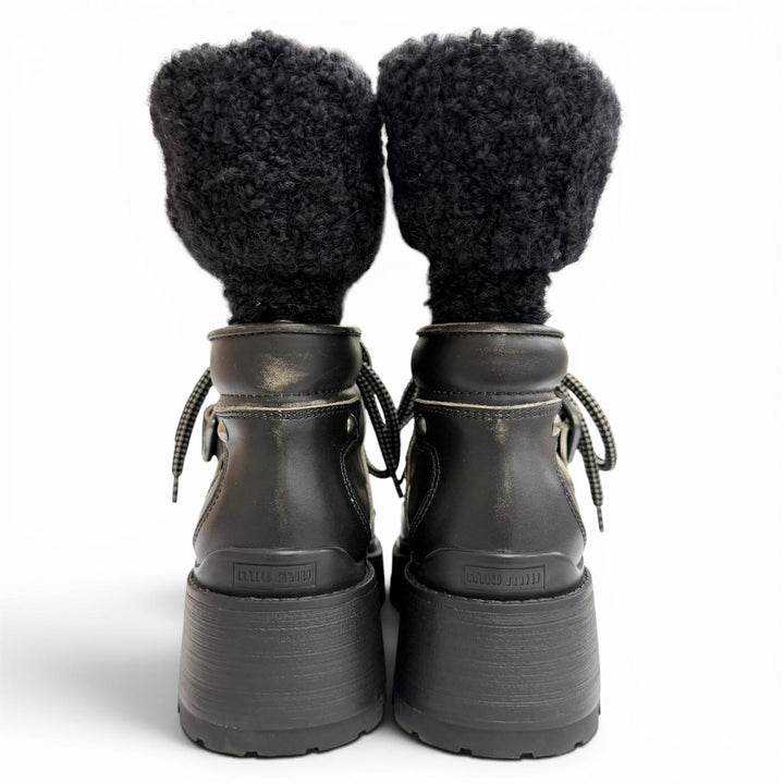 Excellent MIUMIU Vintage-style knit socks, leather short boots black 35 5U184C