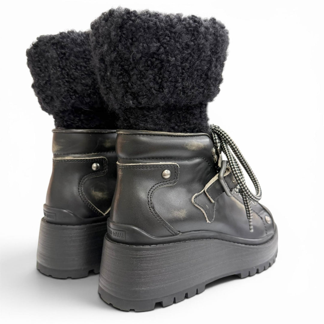 Excellent MIUMIU Vintage-style knit socks, leather short boots black 35 5U184C