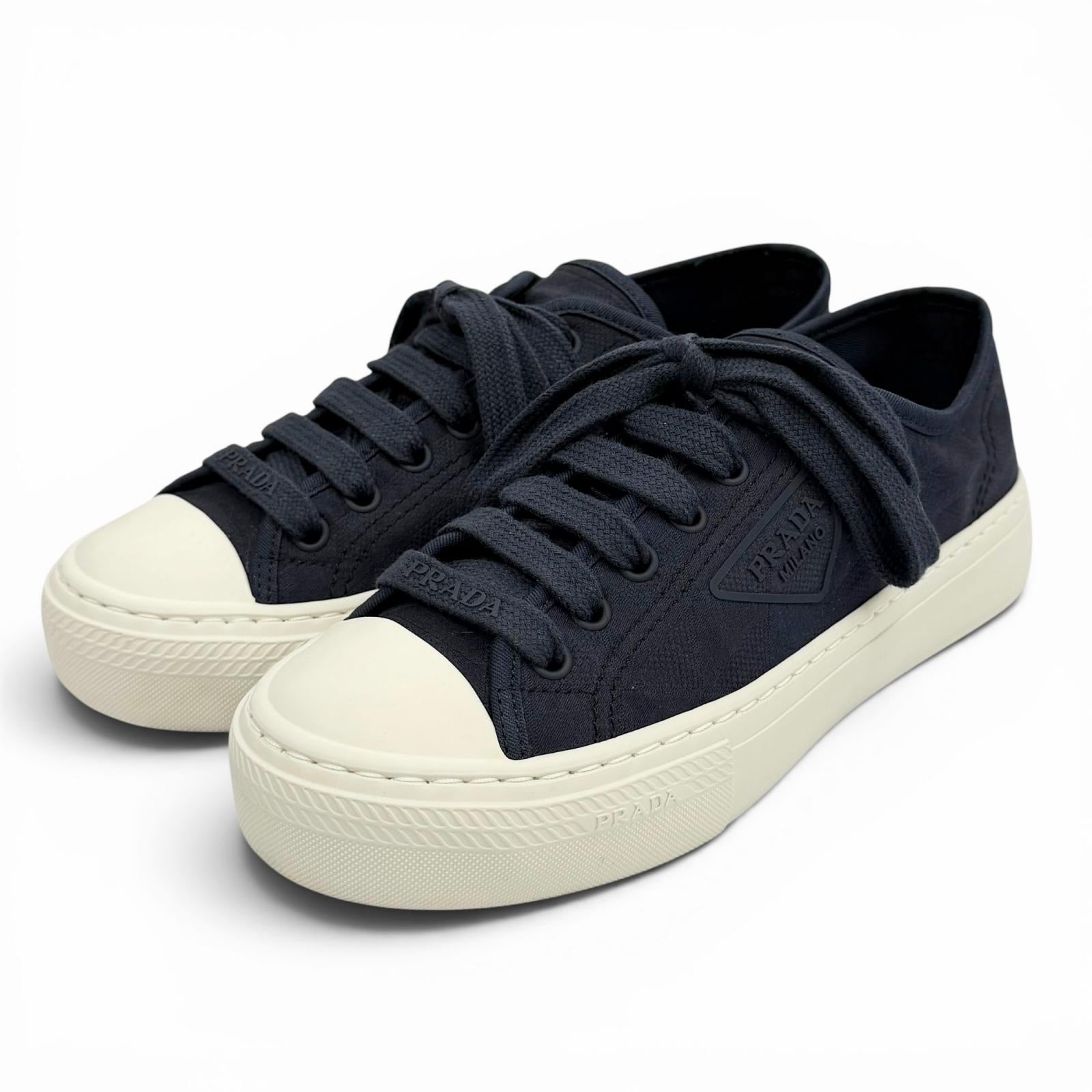 Great PRADA sneakers Triangle logo pattern fabric Navy Women 36.5