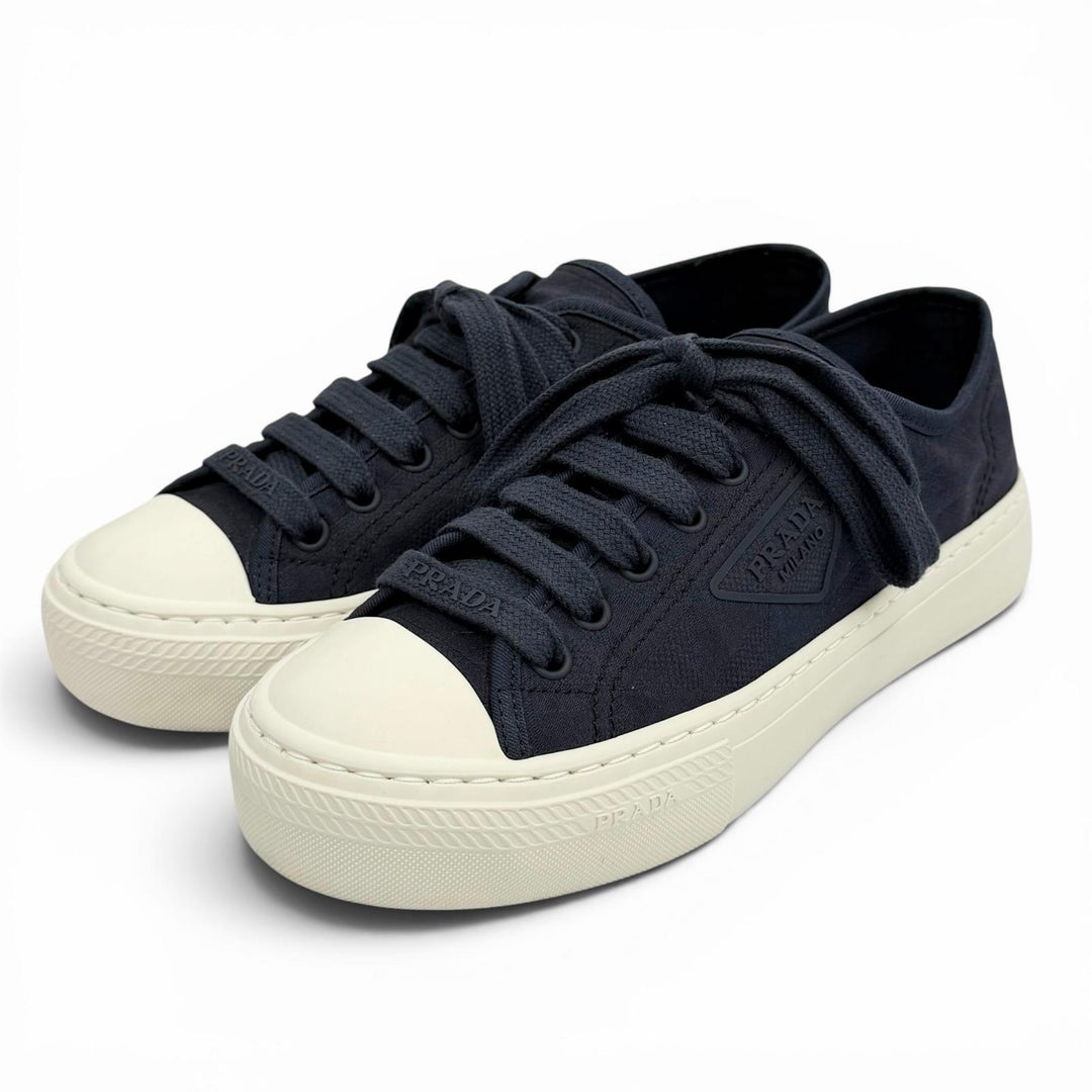 Great PRADA sneakers Triangle logo pattern fabric Navy Women 36.5 1E407N