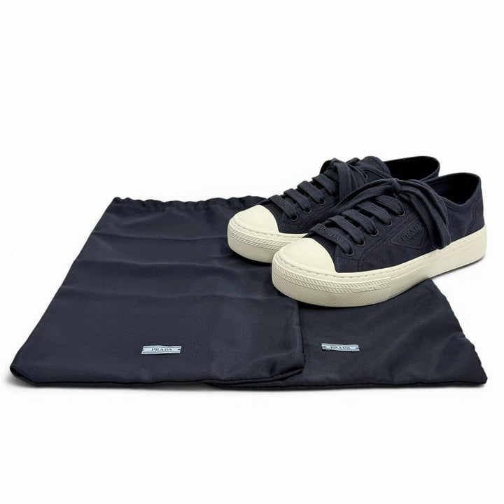 Great PRADA sneakers Triangle logo pattern fabric Navy Women 36.5 1E407N