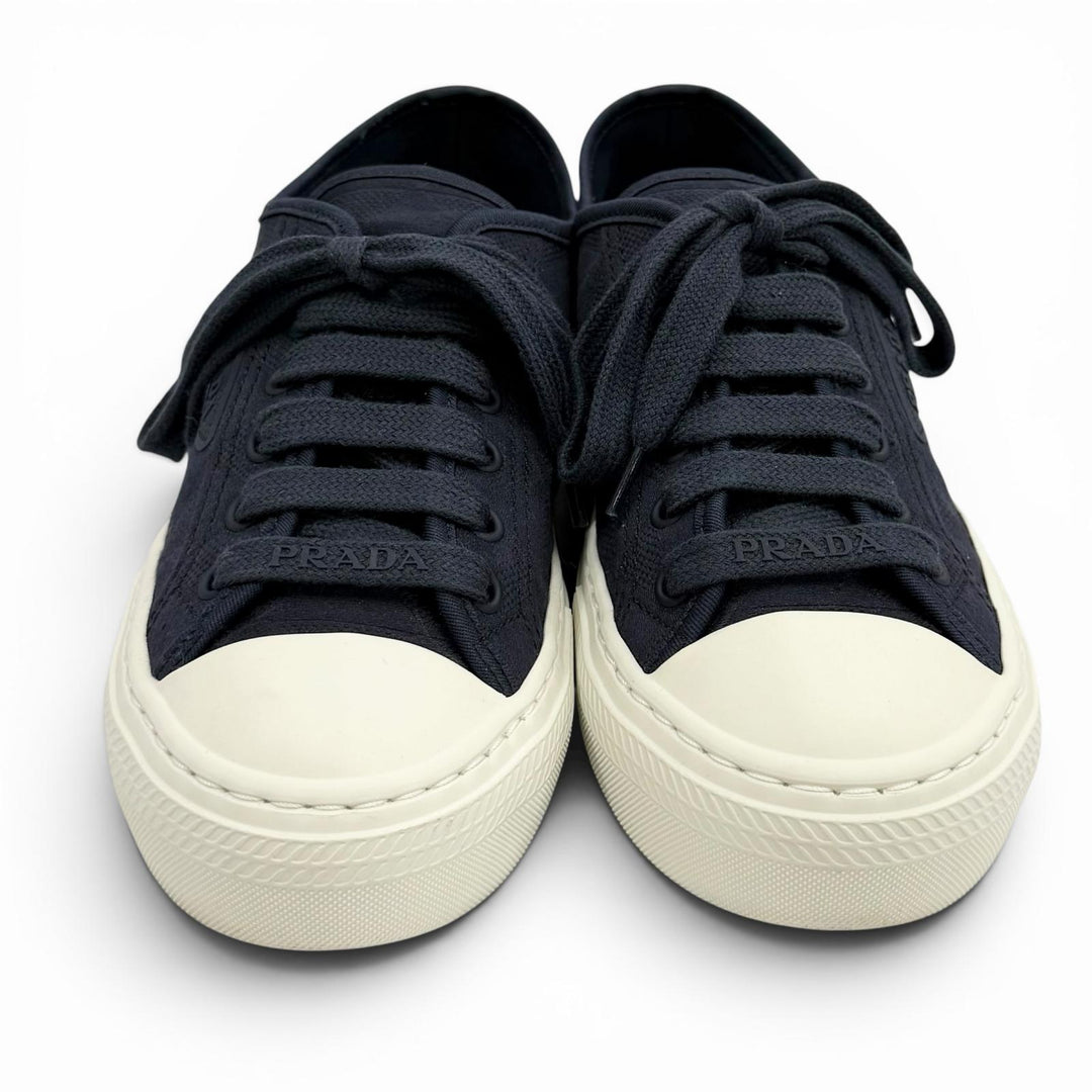 Great PRADA sneakers Triangle logo pattern fabric Navy Women 36.5 1E407N