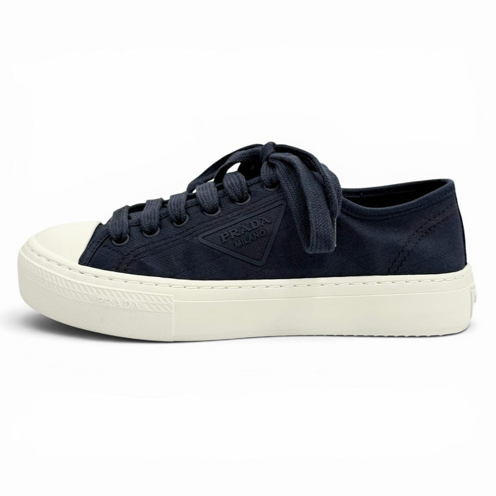 Great PRADA sneakers Triangle logo pattern fabric Navy Women 36.5 1E407N