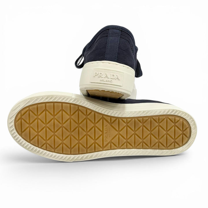 Great PRADA sneakers Triangle logo pattern fabric Navy Women 36.5 1E407N