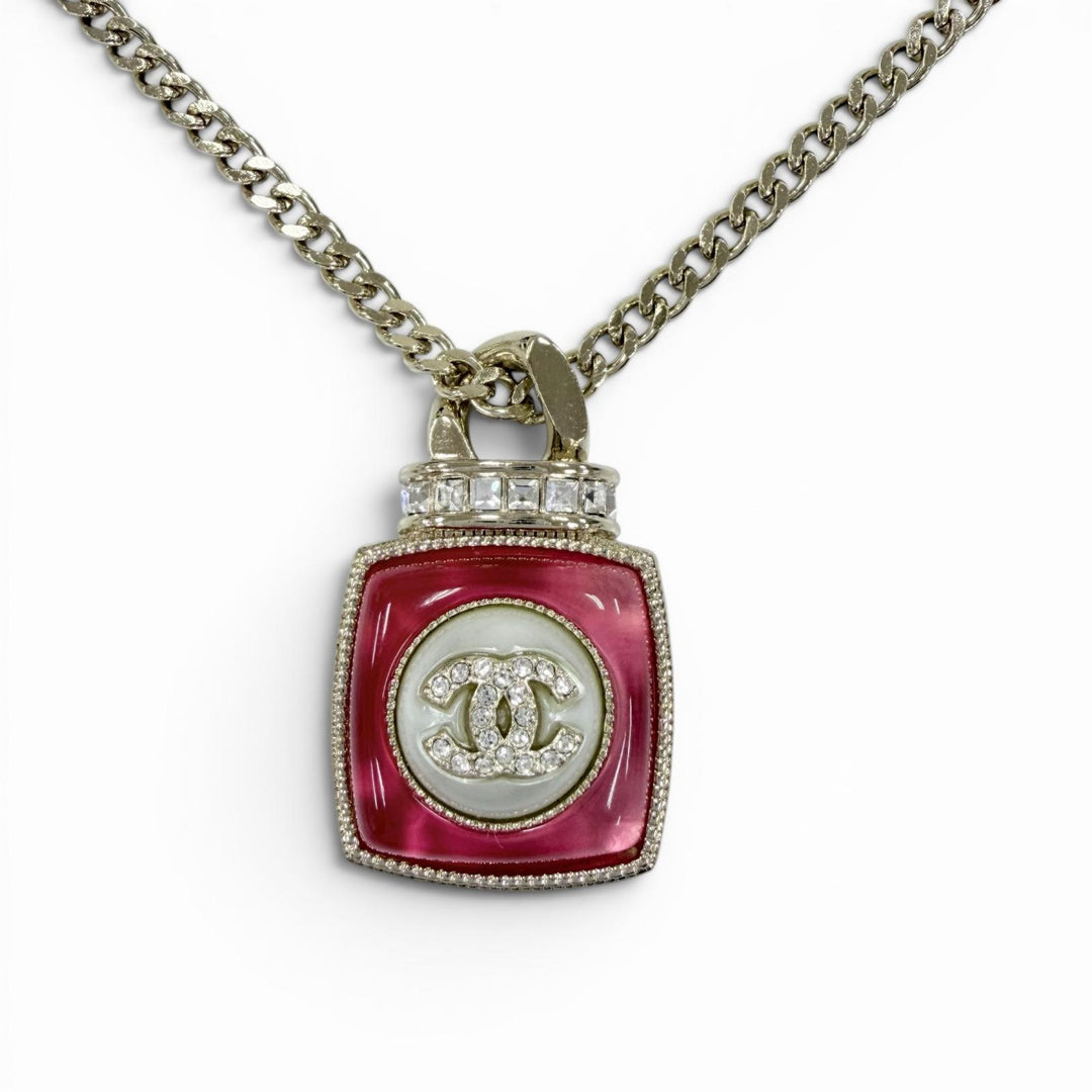 Excellent CHANEL Necklace COCO Mark Rhinestone Perfume Motif Pendant gold A22C