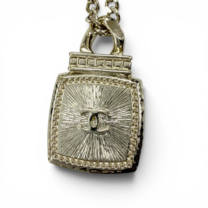 Excellent CHANEL Necklace COCO Mark Rhinestone Perfume Motif Pendant gold A22C