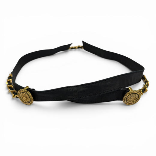 Great CHANEL belt COCO Mark Chain Leather Ribbon Belt black leather Women C107