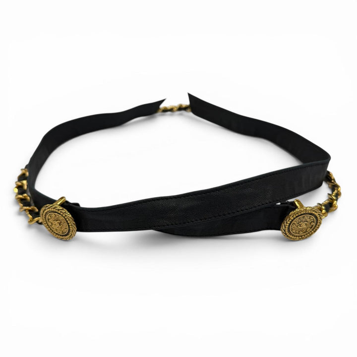 Great CHANEL belt COCO Mark Chain Leather Ribbon Belt black leather Women C107