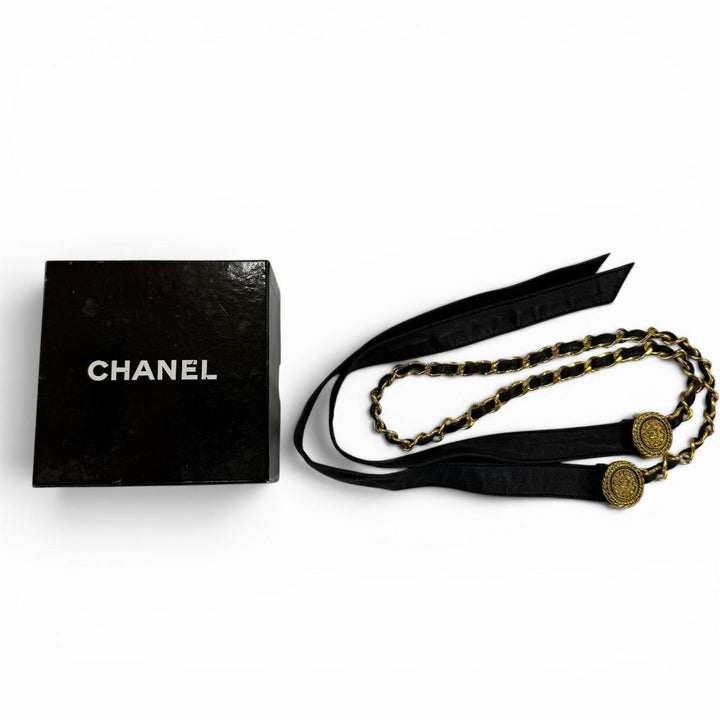 Great CHANEL belt COCO Mark Chain Leather Ribbon Belt black leather Women C107