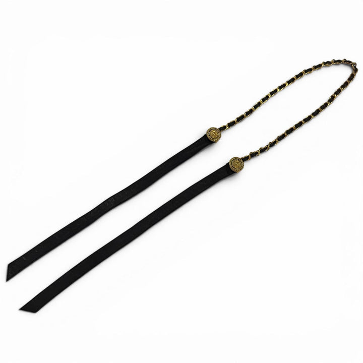 Great CHANEL belt COCO Mark Chain Leather Ribbon Belt black leather Women C107