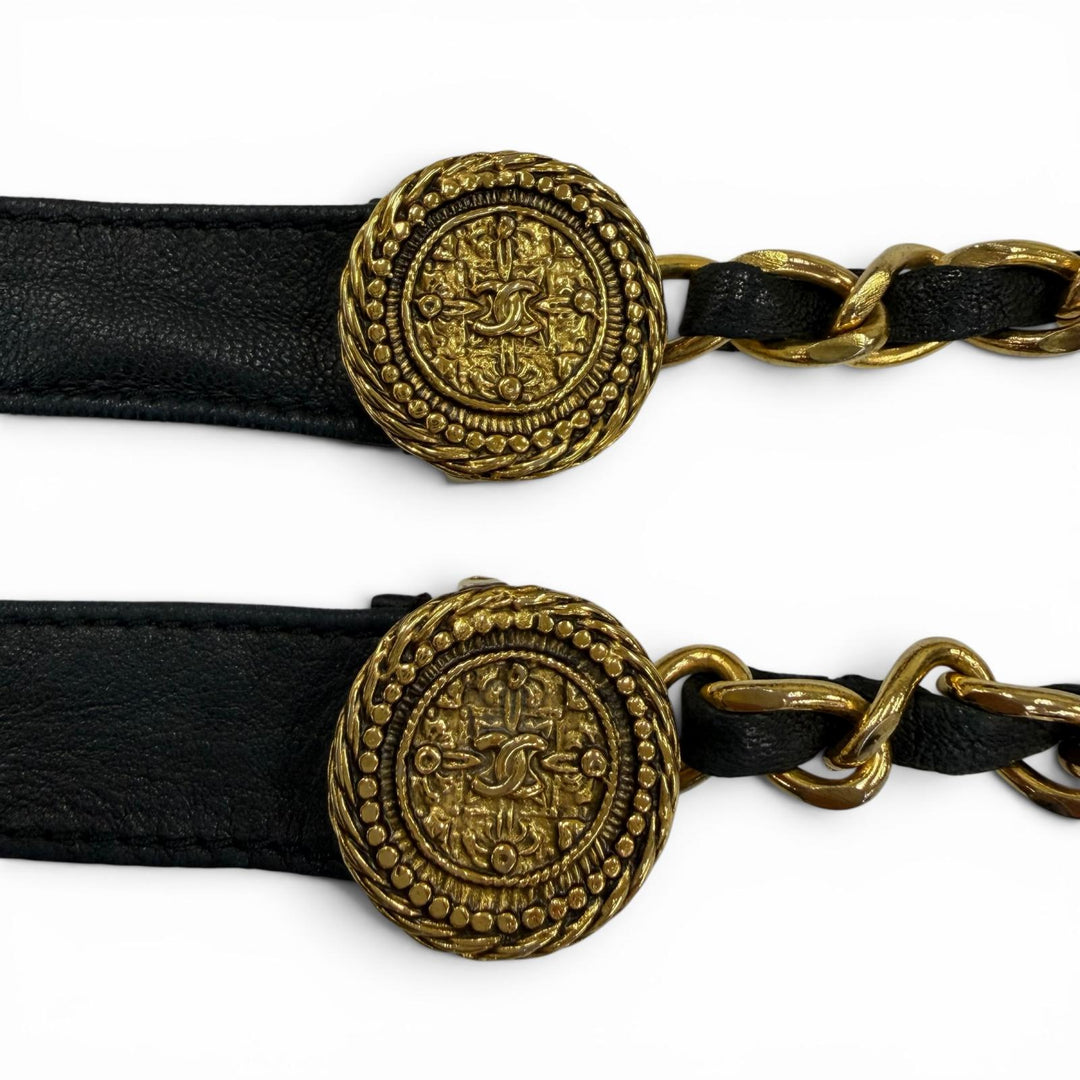 Great CHANEL belt COCO Mark Chain Leather Ribbon Belt black leather Women C107