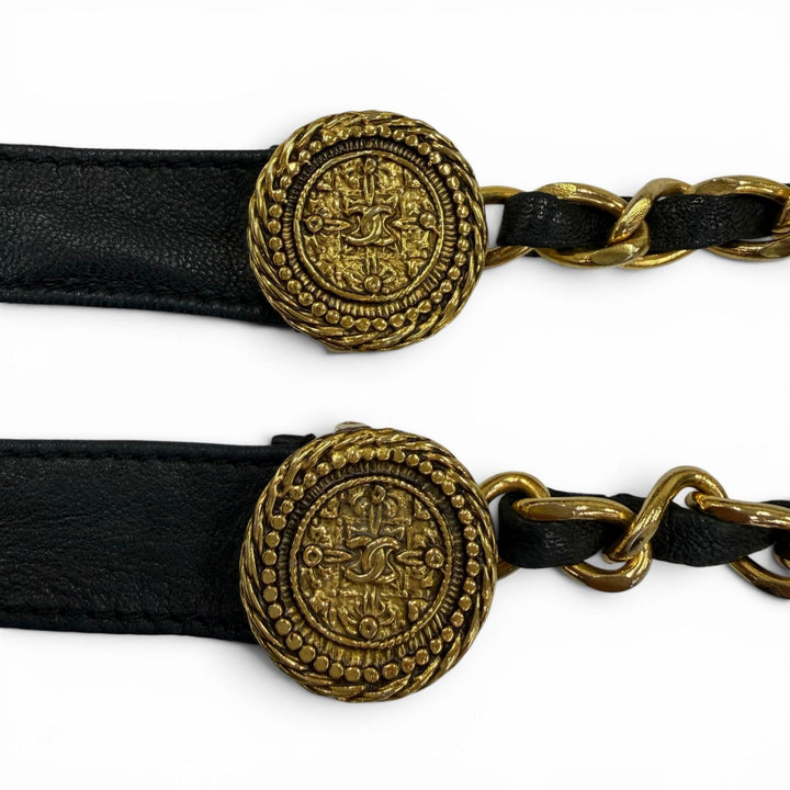 Great CHANEL belt COCO Mark Chain Leather Ribbon Belt black leather Women C107