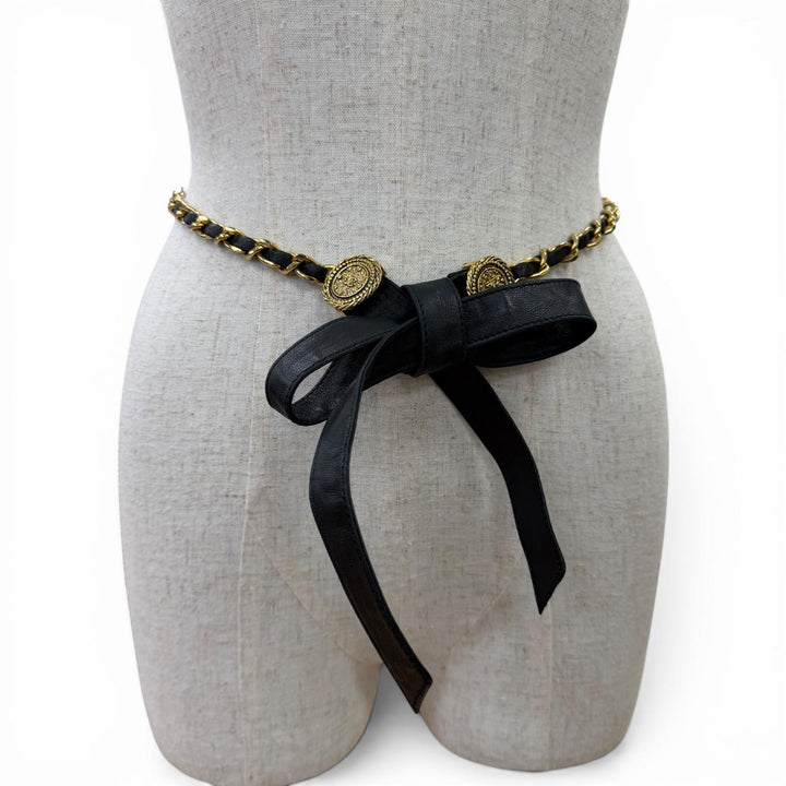 Great CHANEL belt COCO Mark Chain Leather Ribbon Belt black leather Women C107