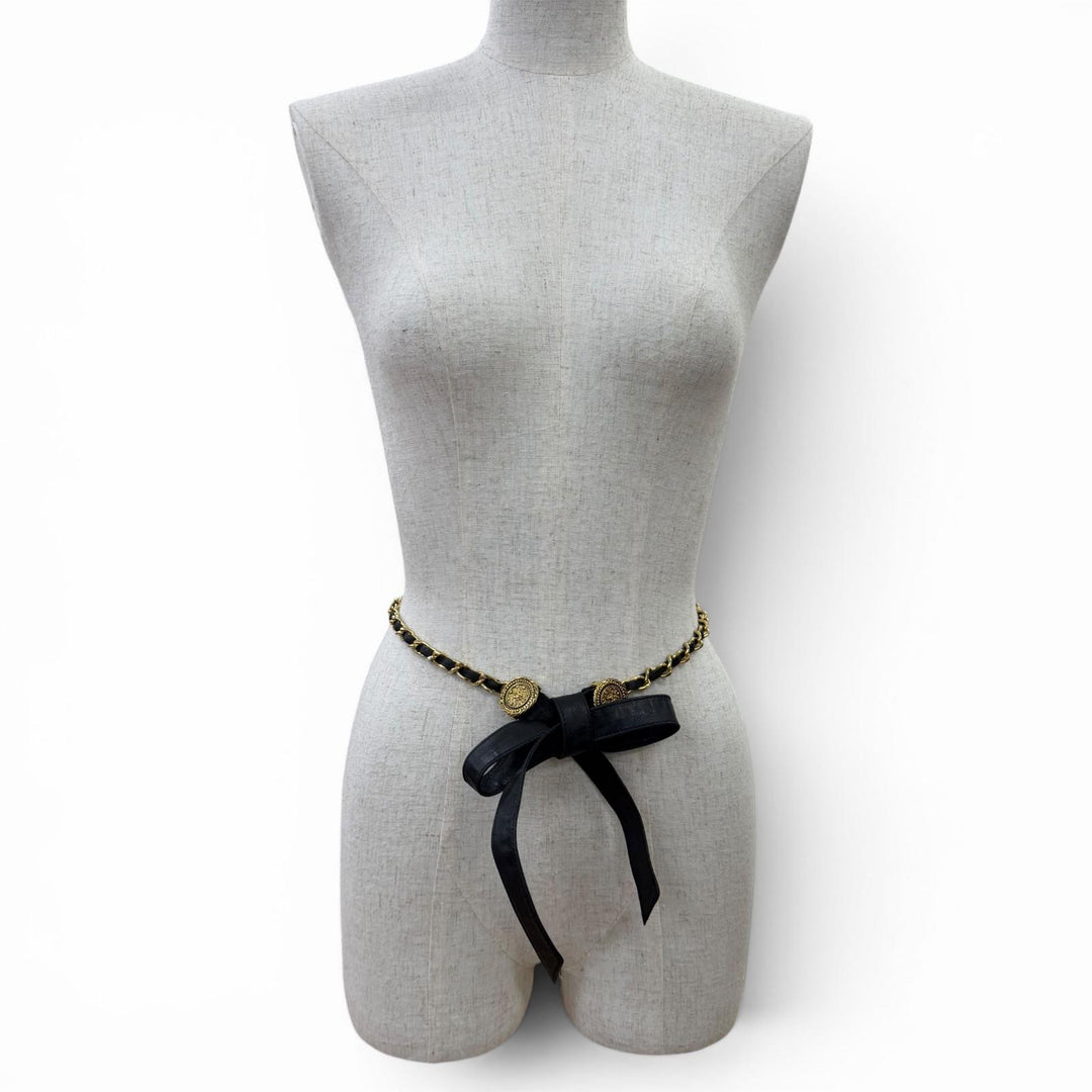 Great CHANEL belt COCO Mark Chain Leather Ribbon Belt black leather Women C107