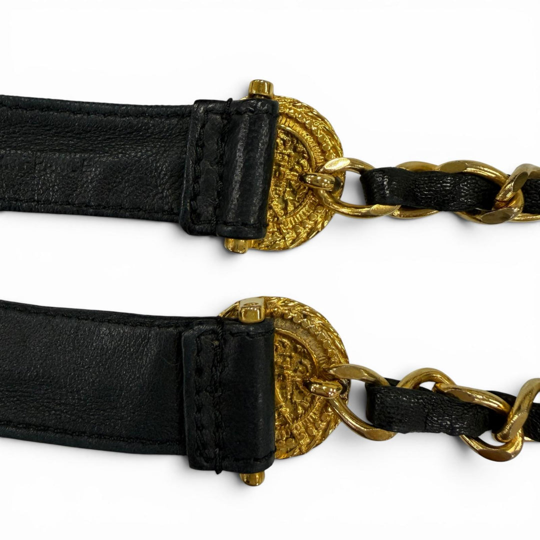 Great CHANEL belt COCO Mark Chain Leather Ribbon Belt black leather Women C107