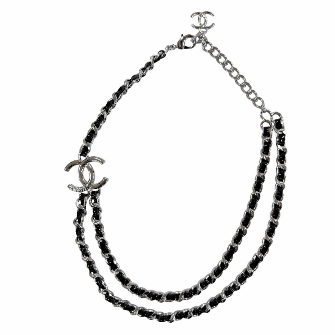 Excellent CHANEL Necklace COCO Mark Leather Chain Silver Women B25P