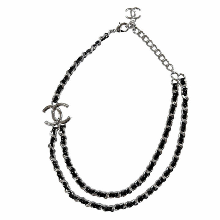 Excellent CHANEL Necklace COCO Mark Leather Chain Silver Women B25P