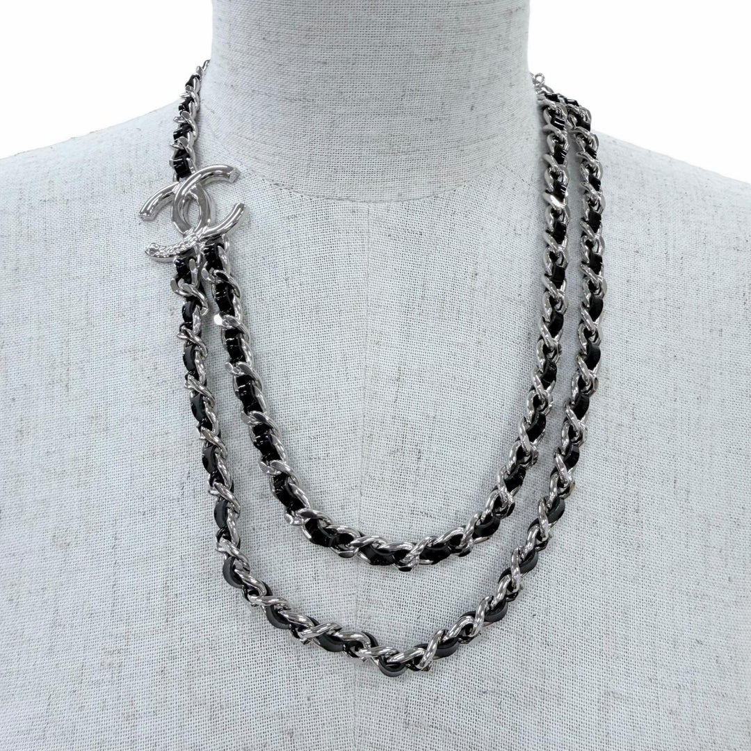Excellent CHANEL Necklace COCO Mark Leather Chain Silver Women B25P