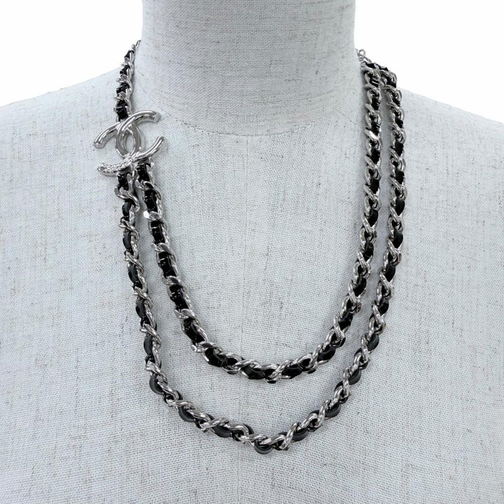 Excellent CHANEL Necklace COCO Mark Leather Chain Silver Women B25P