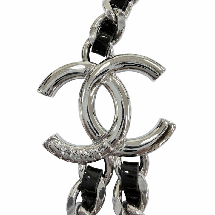 Excellent CHANEL Necklace COCO Mark Leather Chain Silver Women B25P