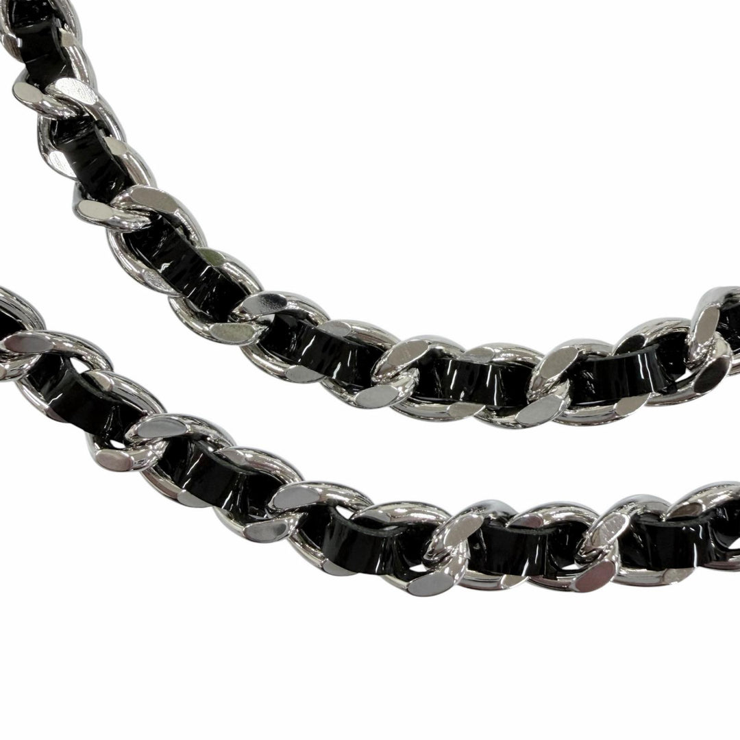 Excellent CHANEL Necklace COCO Mark Leather Chain Silver Women B25P