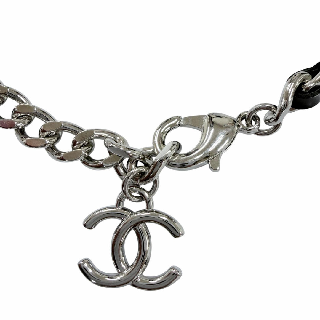 Excellent CHANEL Necklace COCO Mark Leather Chain Silver Women B25P