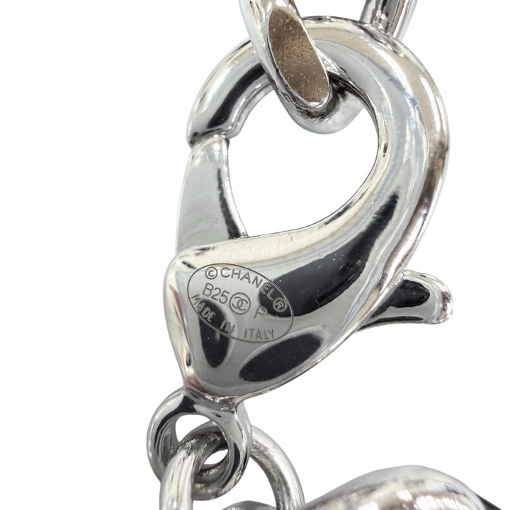 Excellent CHANEL Necklace COCO Mark Leather Chain Silver Women B25P
