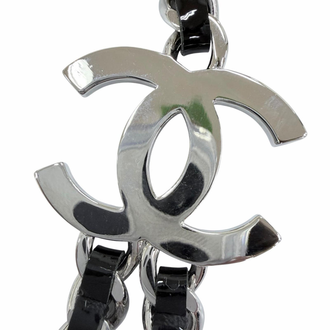 Excellent CHANEL Necklace COCO Mark Leather Chain Silver Women B25P