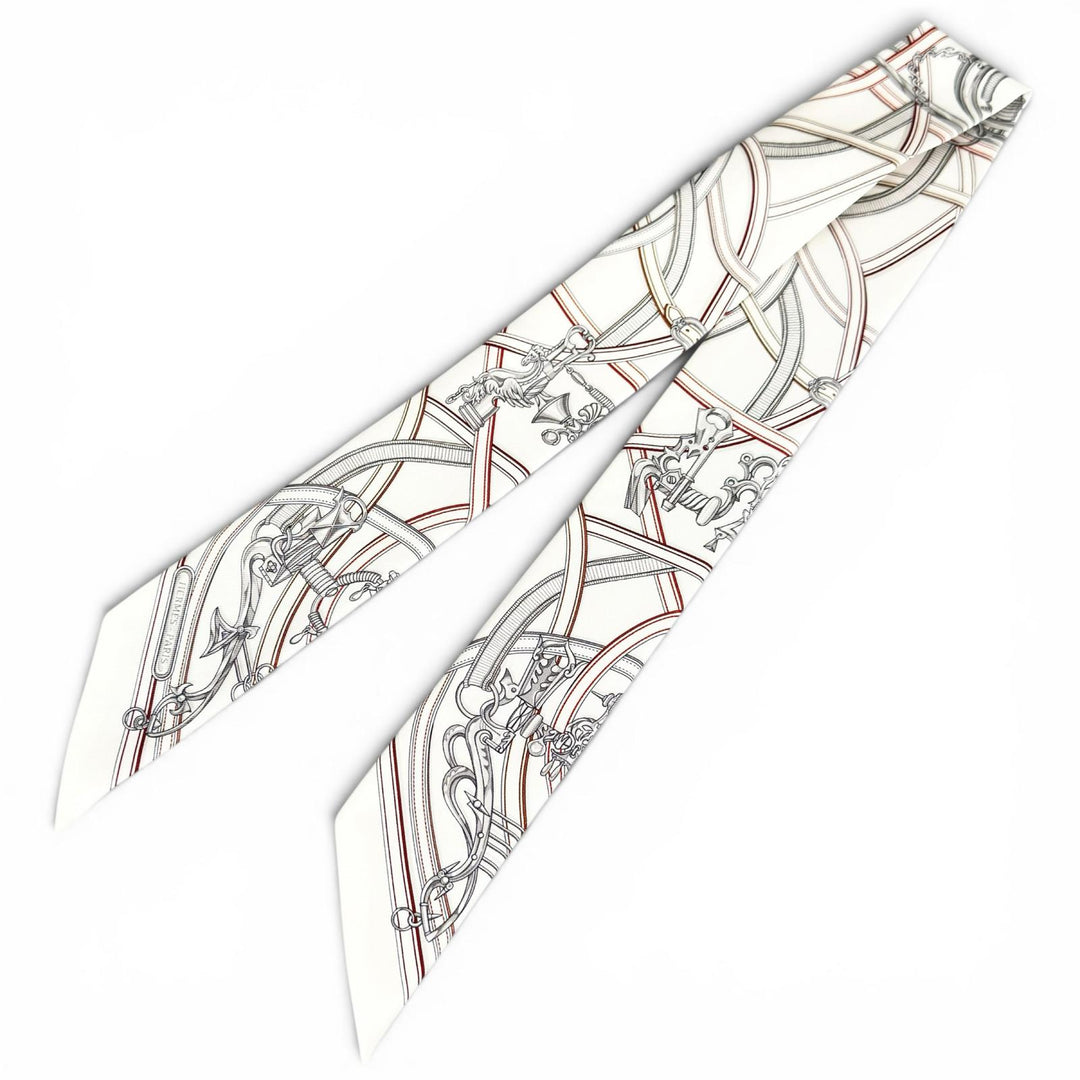 Pristine HERMES scarf Twilly Legendary Harness white silk Women