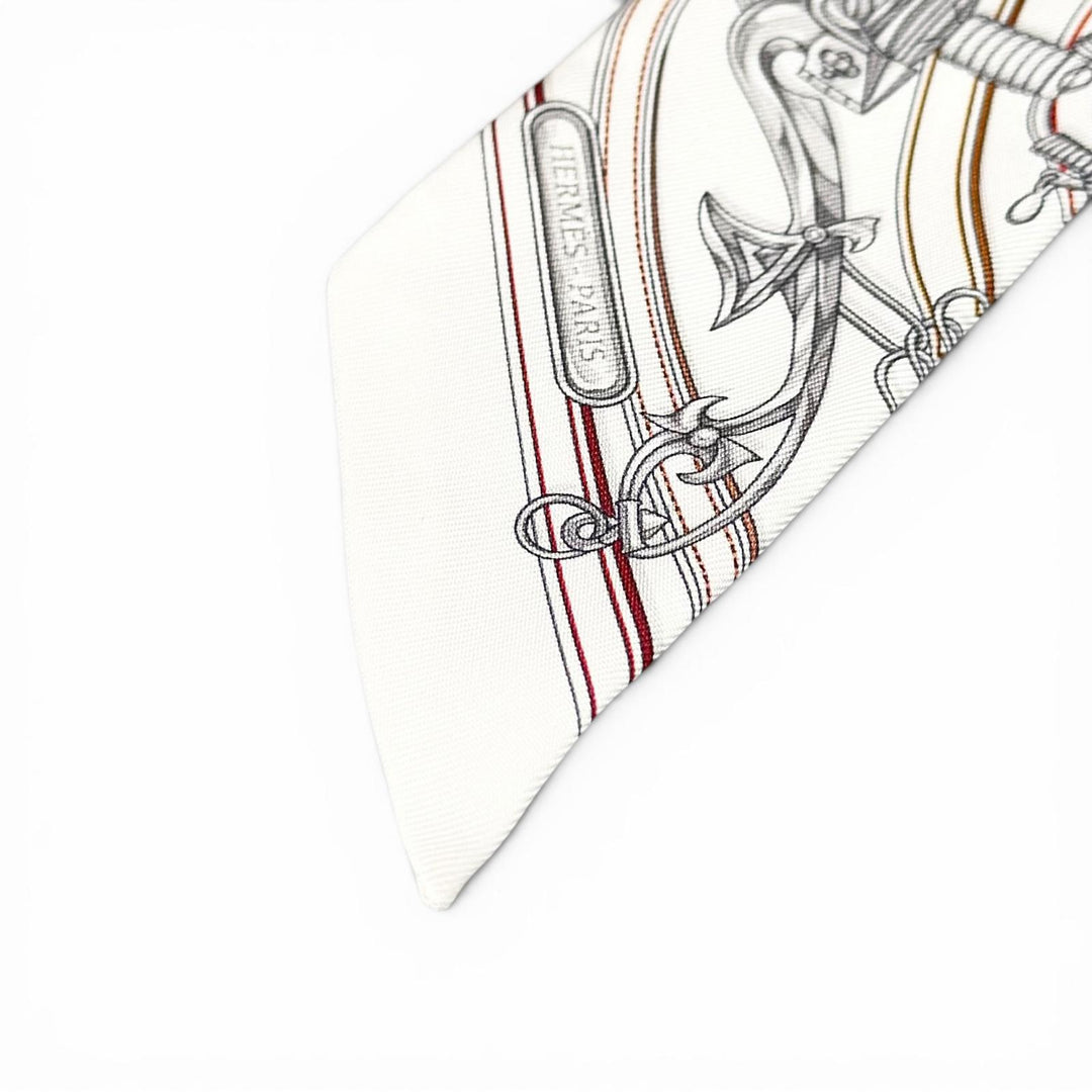 Pristine HERMES scarf Twilly Legendary Harness white silk Women