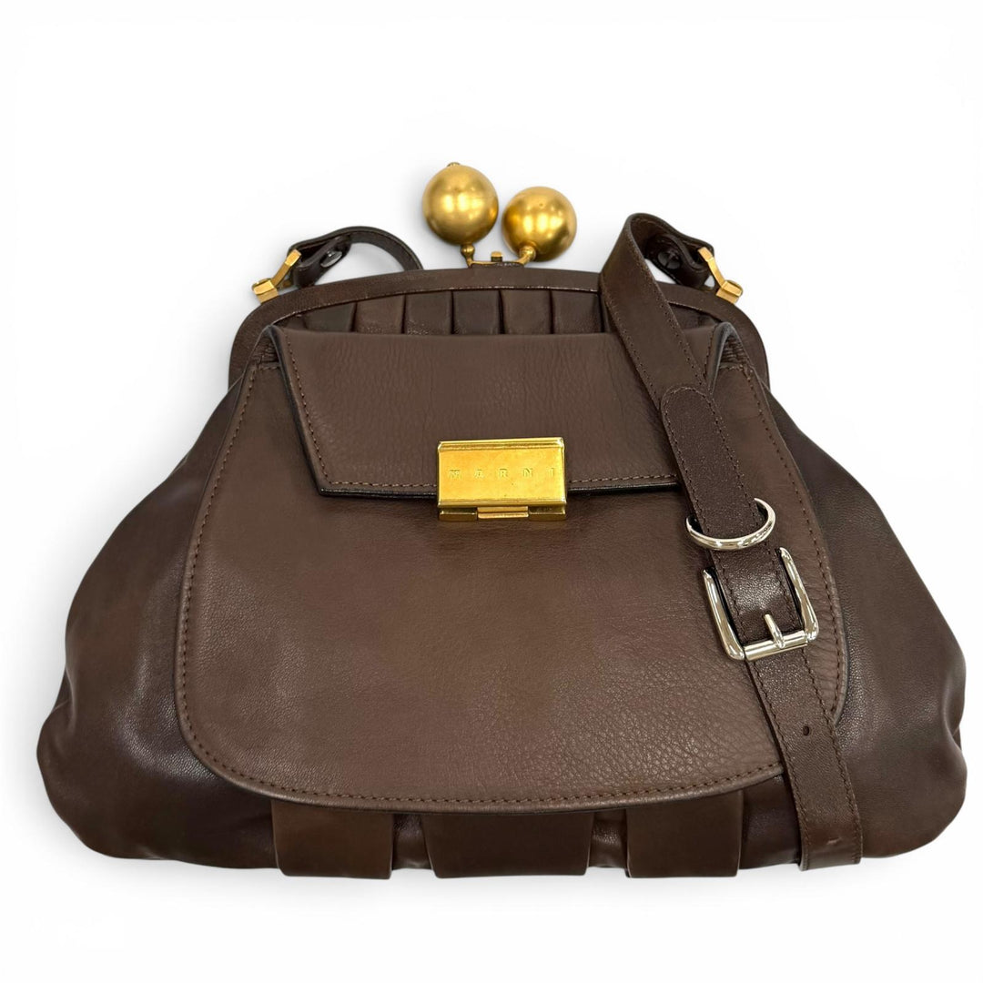 Great MARNI Shoulder Bag Logo Metal coin purse, leather Brown leather Women