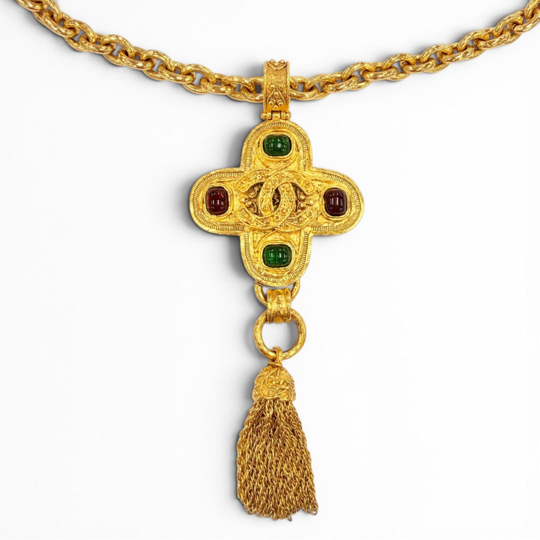 Excellent CHANEL Necklace COCO Mark Gripoa Cross Fringe Long gold Women 94A