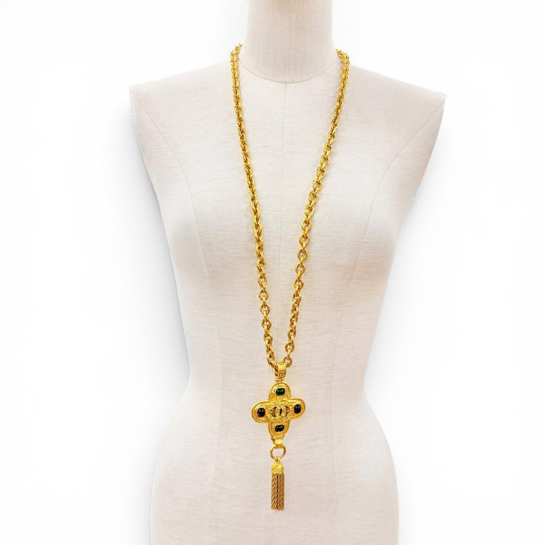 Excellent CHANEL Necklace COCO Mark Gripoa Cross Fringe Long gold Women 94A