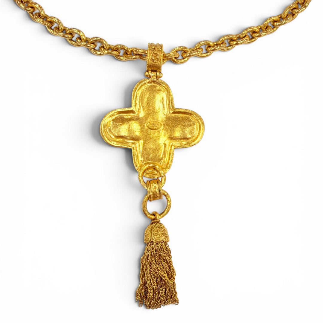 Excellent CHANEL Necklace COCO Mark Gripoa Cross Fringe Long gold Women 94A