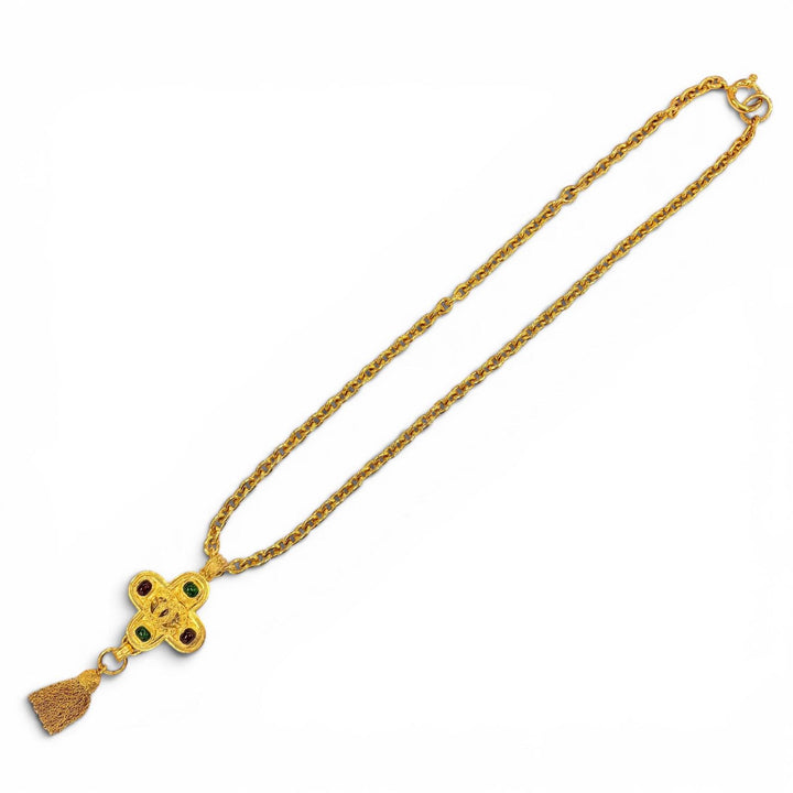 Excellent CHANEL Necklace COCO Mark Gripoa Cross Fringe Long gold Women 94A