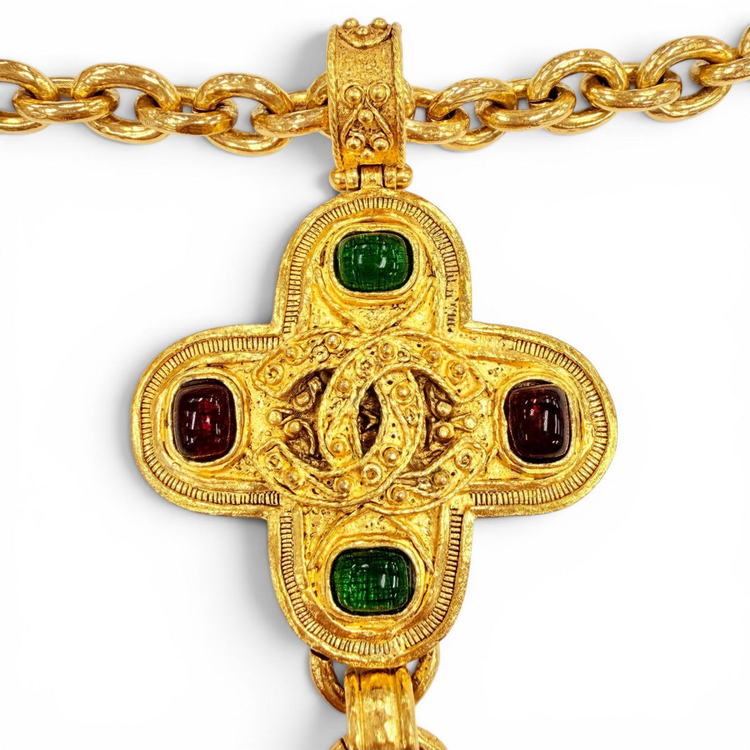Excellent CHANEL Necklace COCO Mark Gripoa Cross Fringe Long gold Women 94A