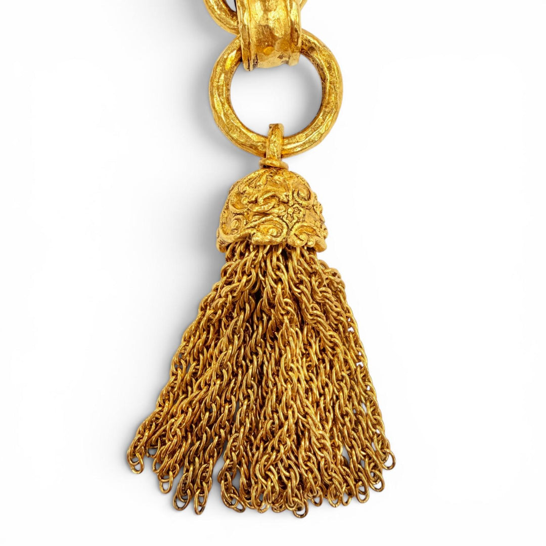 Excellent CHANEL Necklace COCO Mark Gripoa Cross Fringe Long gold Women 94A