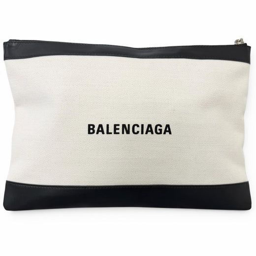 Pristine BALENCIAGA Clutch bag Navy clip M Logo print Ivory canvas mens 373834
