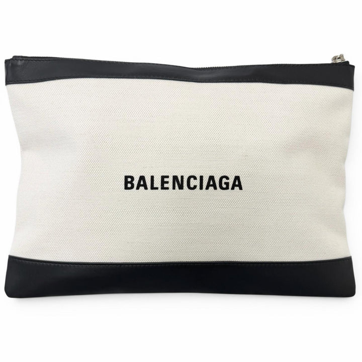 Pristine BALENCIAGA Clutch bag Navy clip M Logo print Ivory canvas mens 373834