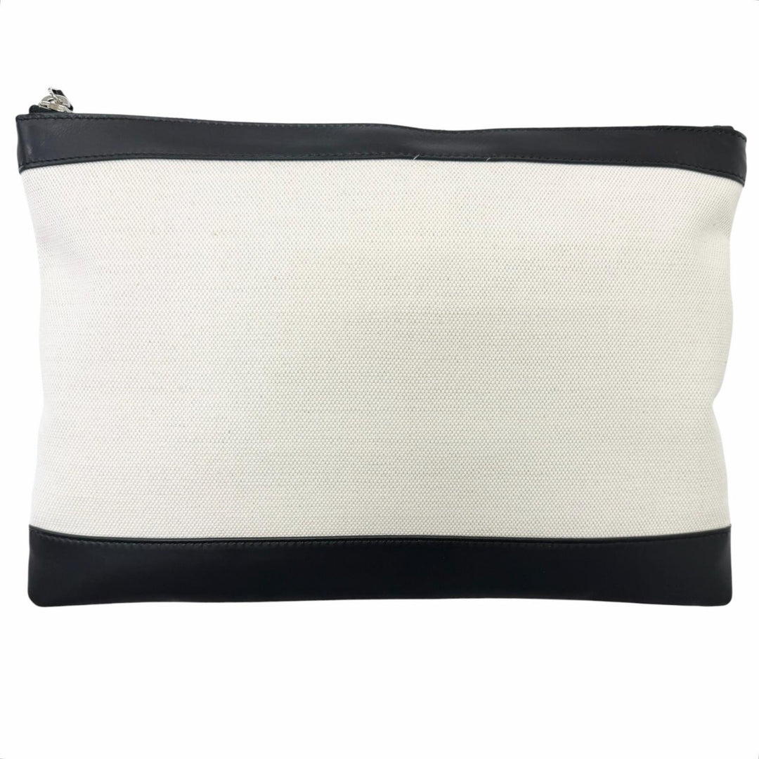 Pristine BALENCIAGA Clutch bag Navy clip M Logo print Ivory canvas mens 373834