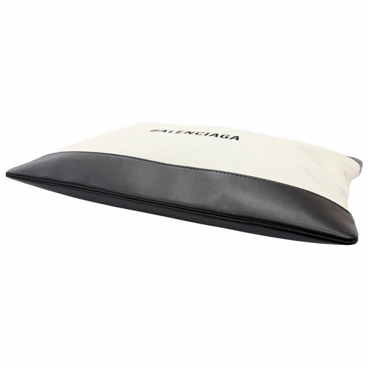 Pristine BALENCIAGA Clutch bag Navy clip M Logo print Ivory canvas mens 373834