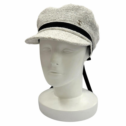 Excellent CHANEL Casquette COCO Mark Cotton Tweed Ribbon polyester S