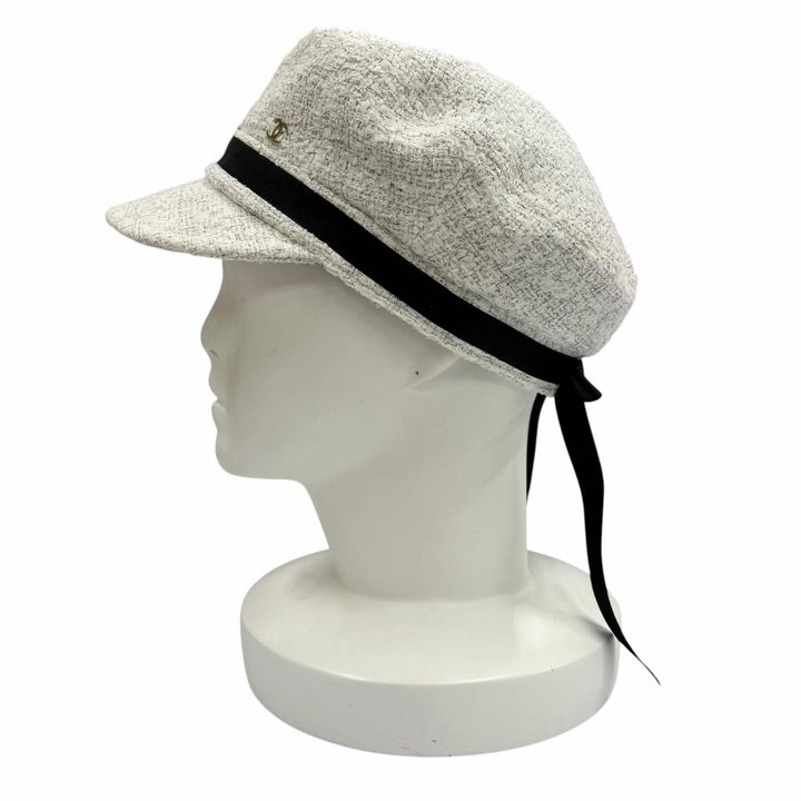 Excellent CHANEL Casquette COCO Mark Cotton Tweed Ribbon polyester S