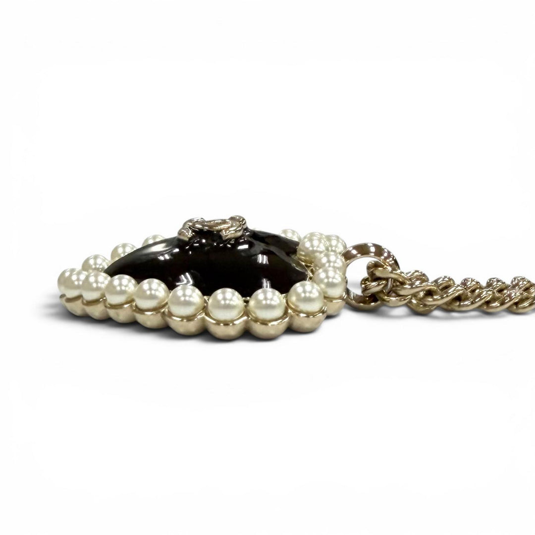Excellent CHANEL Necklace COCO Mark Pearl Heart Pendant black Women B25