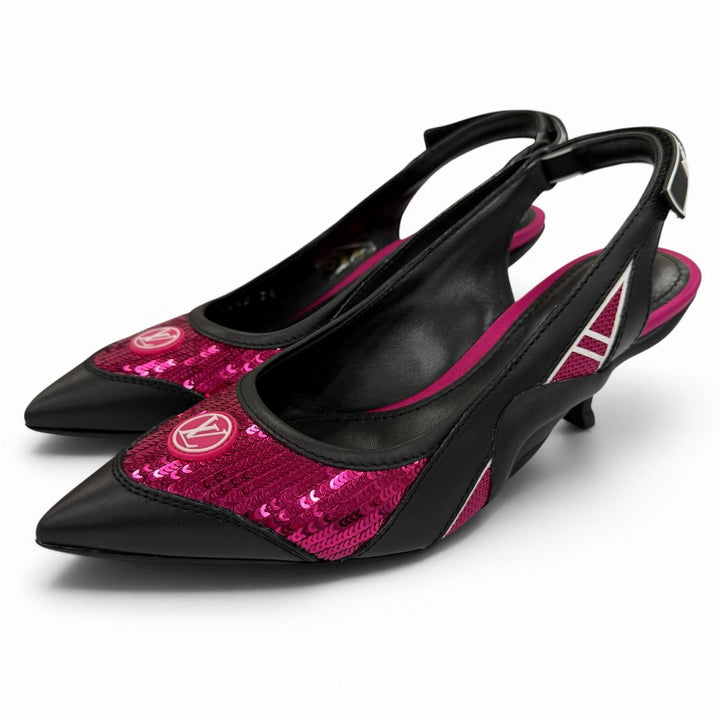 Great LOUIS VUITTON pumps HEELS Sequin LV Circle Logo Leather black Women 34