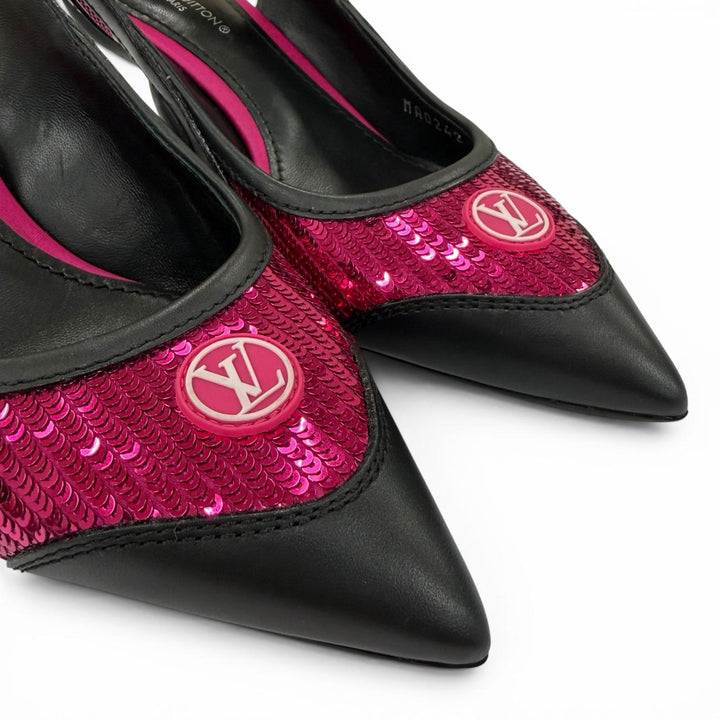 Great LOUIS VUITTON pumps HEELS Sequin LV Circle Logo Leather black Women 34
