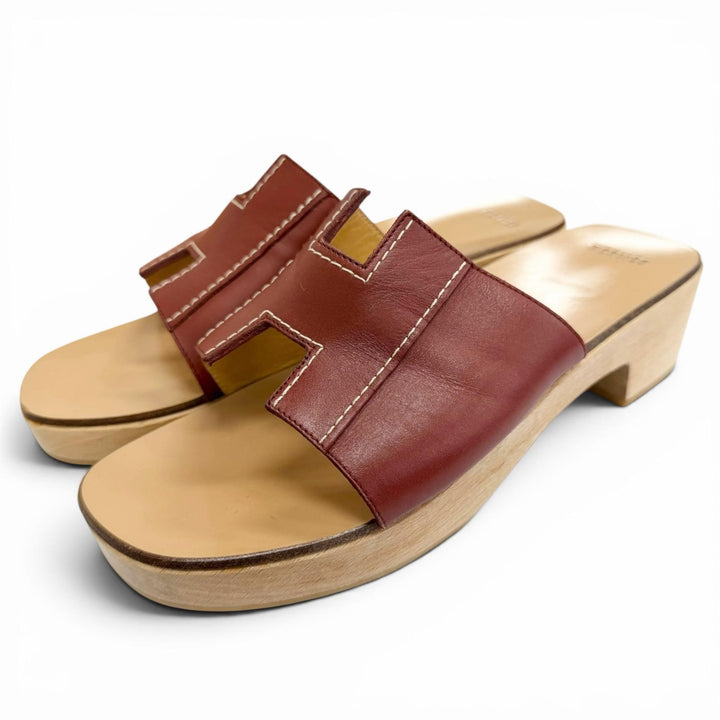 Great HERMES Sandals Kevral H motif wood sole Brown leather Women 36
