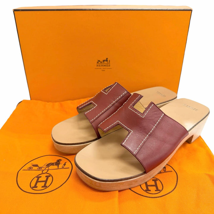 Great HERMES Sandals Kevral H motif wood sole Brown leather Women 36