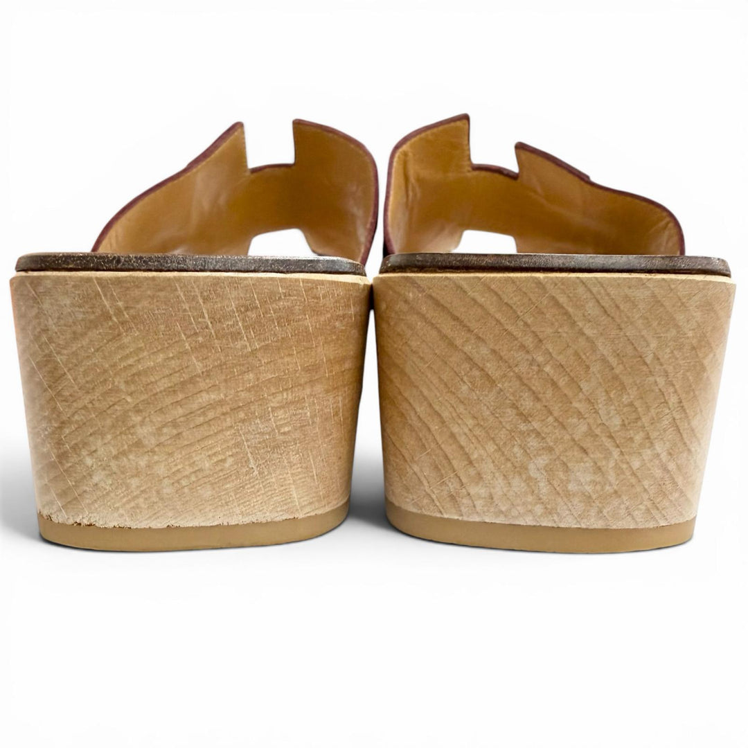 Great HERMES Sandals Kevral H motif wood sole Brown leather Women 36
