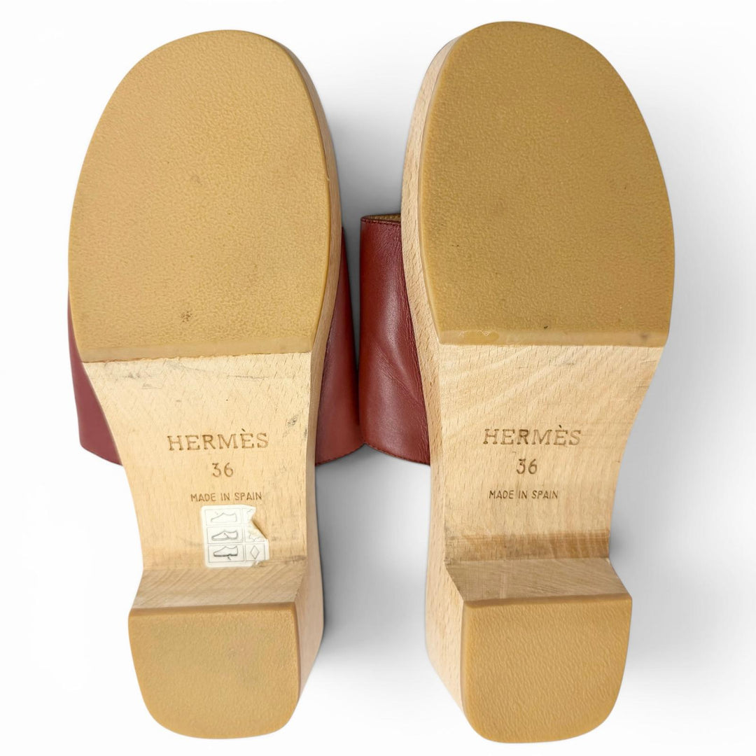 Great HERMES Sandals Kevral H motif wood sole Brown leather Women 36
